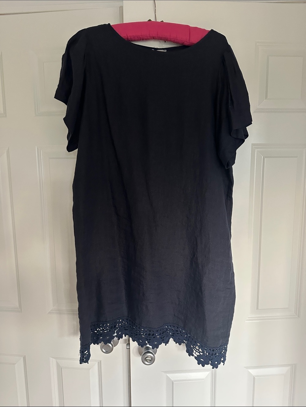 Women’s Navy Crochet-Hem Flounce sleeve Linen Dress